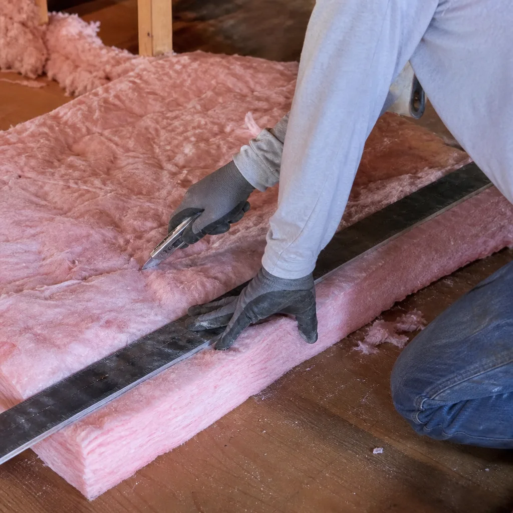 Professional cutting pink fiberglass insulation batt during attic installation