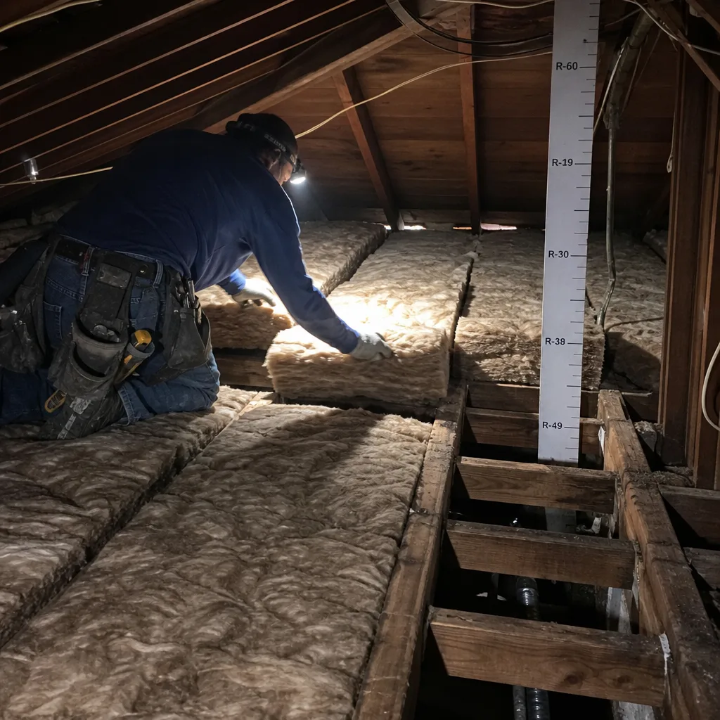 Contractor installing attic insulation between wooden joists