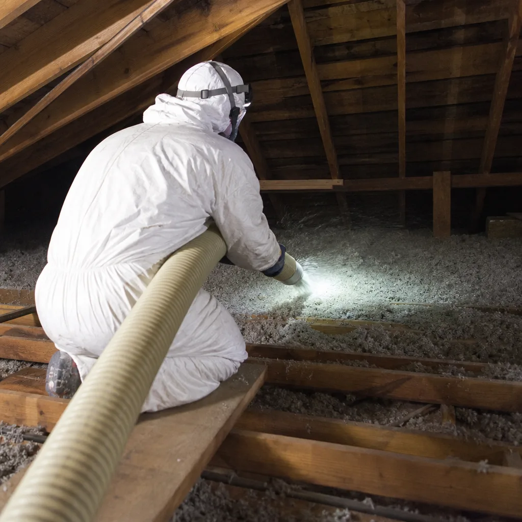 Professional blowing loose-fill insulation into attic floor joists