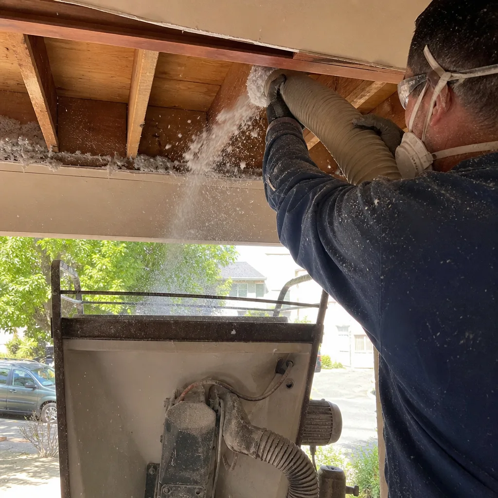 Contractor installing blown-in cellulose insulation into an open ceiling joist system