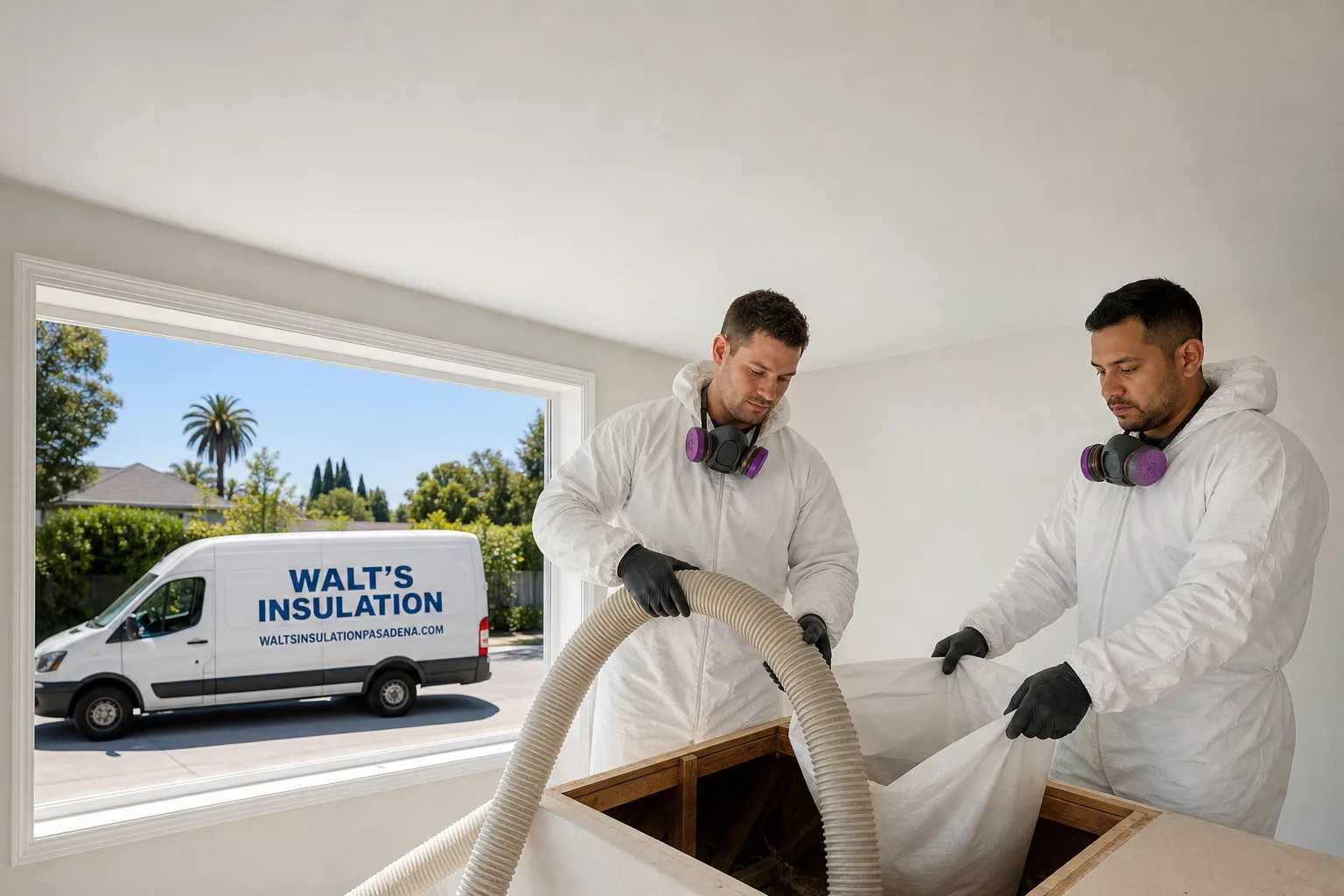 Walt's Insulation insulation service vehicle and crew in Pasadena, CA