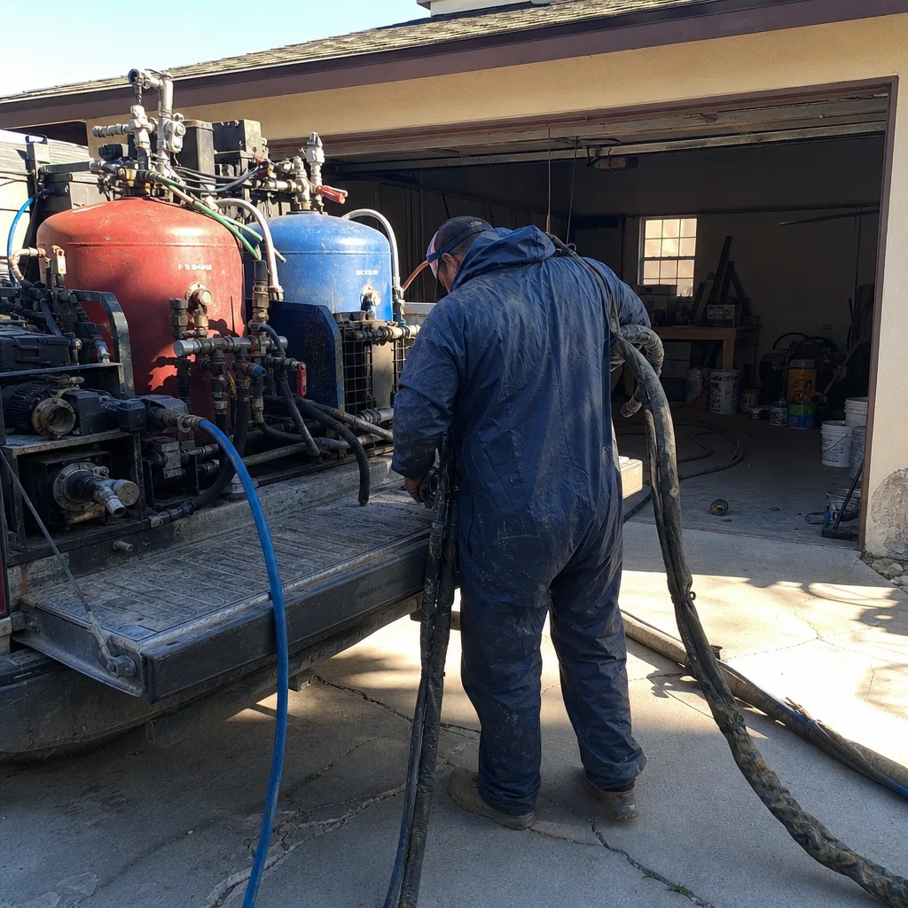 Technician using professional spray foam insulation equipment for home energy efficiency
